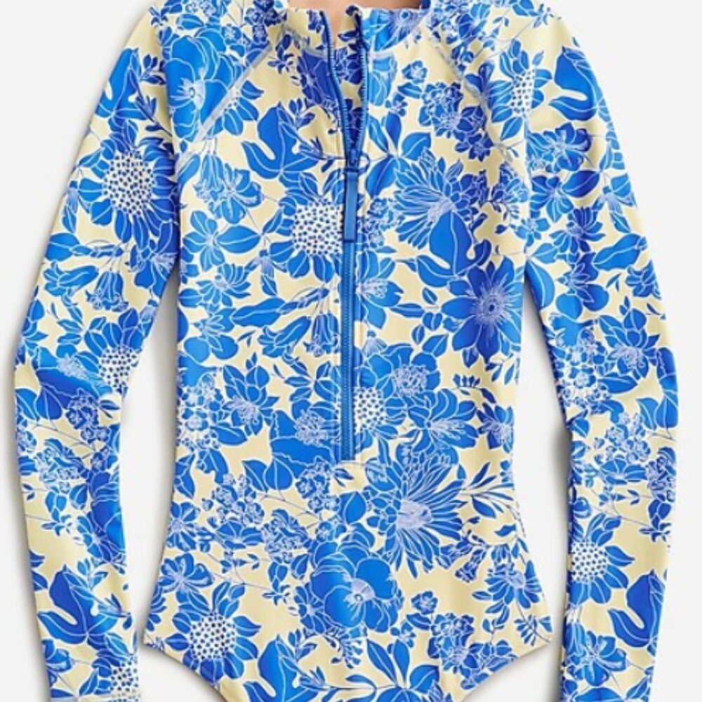 NWOT Long-sleeve one-piece rash guard in blue floral